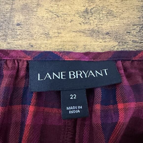 Lane Bryant Top Women 22 Red Plaid Long Sleeve Rayon Cottage Boho Peasant Preppy - Picture 7 of 11